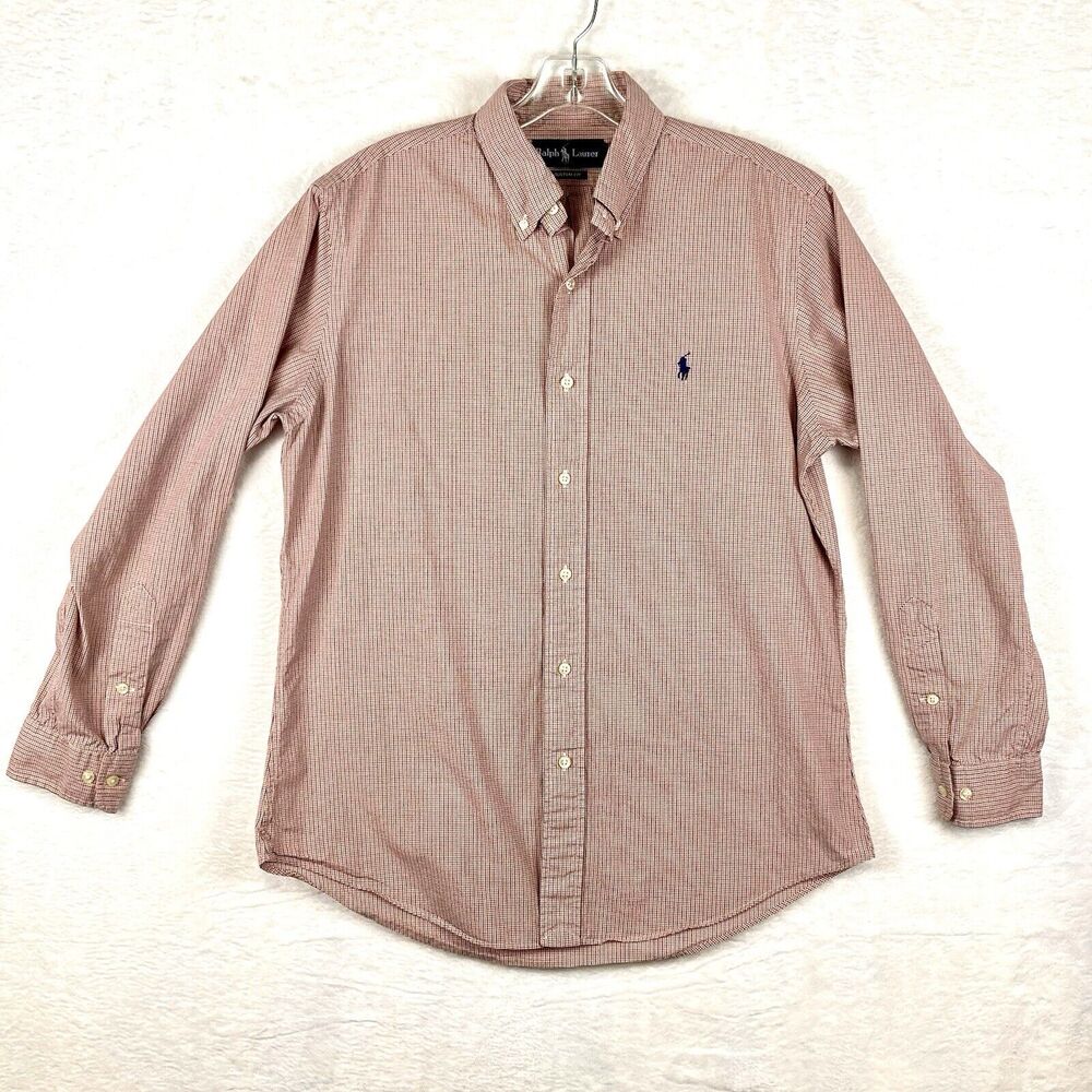 VTG Ralph Lauren Dress Shirt Men L 15.5 Red Blue Grid Micro Check Plaid Preppy